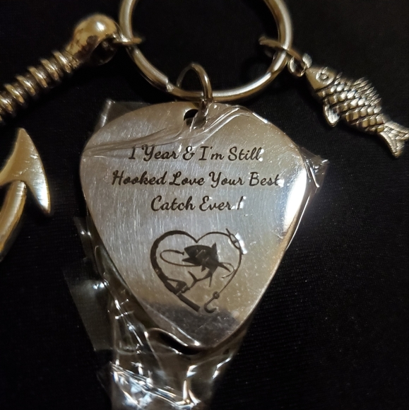 Keychain with Fish, Fishing Hook - 1 Year Anniversary Msg - Picture 2 of 5